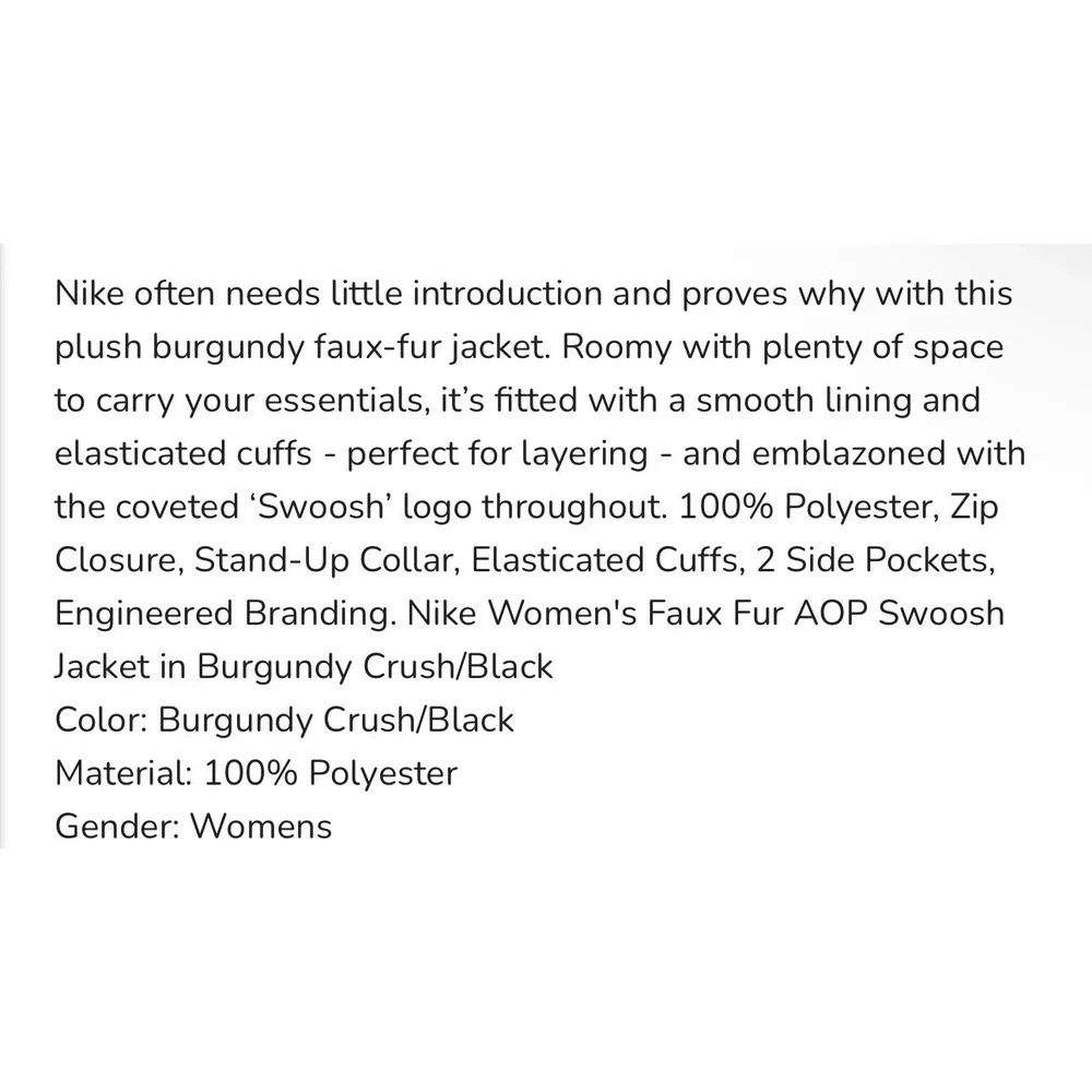 Nike Women Size Small Plush Printed Faux Fur Jacket‎ Burgundy Crush & Black
